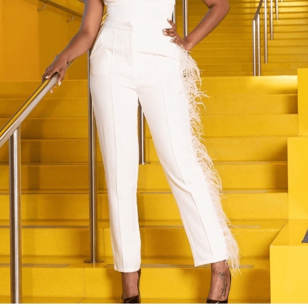 Elegant White Feather-Trimmed Trousers